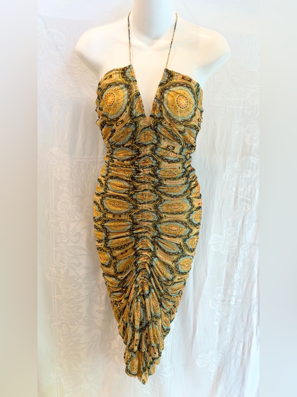 Alexis Ziano Aztec Print Ruched Gold Mesh Dress S M $425 Beach Coverup Xlnt Cond
